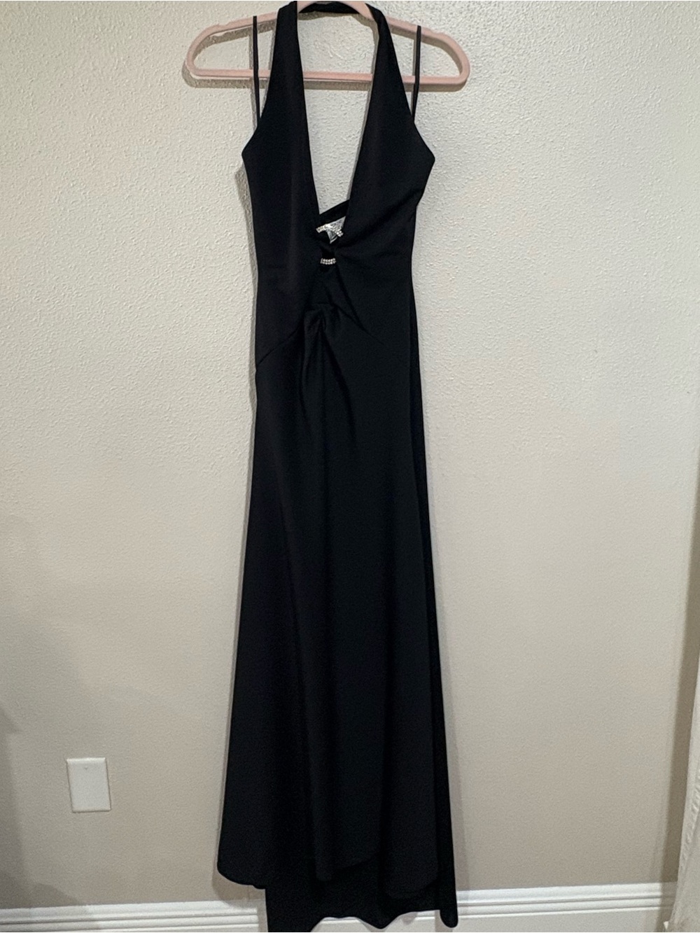 Y2K Vintage Cache Black Rhinestone Halter Gown Open Back Bombshell Dress